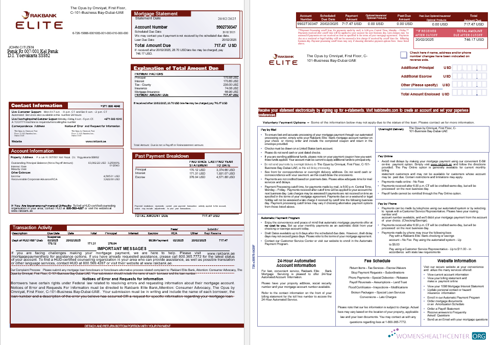 Download UAE Rakbank Elite bank mortgage statement in Word and PDF formats, 3 pages 1 2 Photoshop template